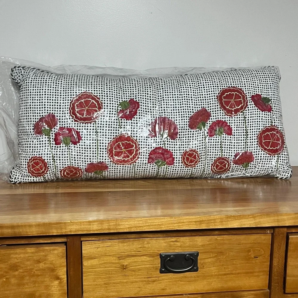 Mackenzie-Childs Poppy Dot‎ Lumbar Pillow Red Floral Embroidered Velvet 32